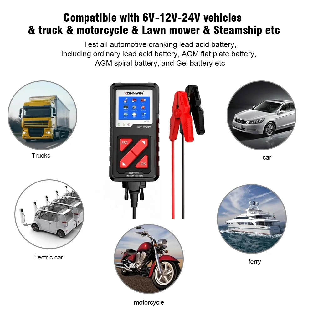 KONNWEI KW710 Motorcycle Car Truck Battery Tester KW 710 Battery Analyser 6V 12V 24V Car Cranking and Charging System Diagnosis