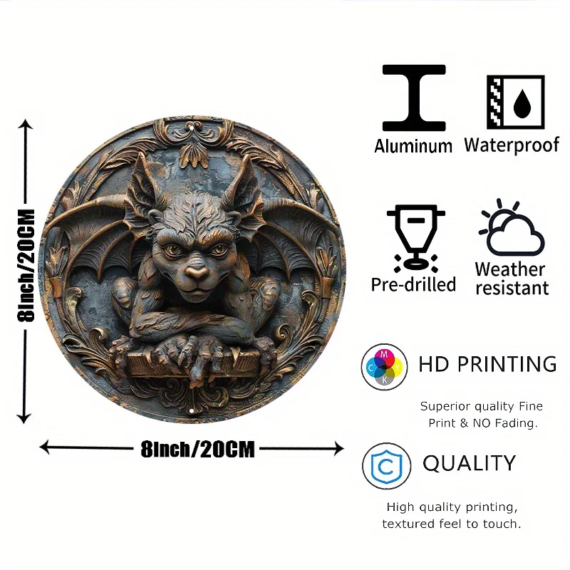 8x8 Inch Round Aluminum Gargoyle Sign - Durable Waterproof, High-Definition Printed, Pre-Drilled for Easy Installation