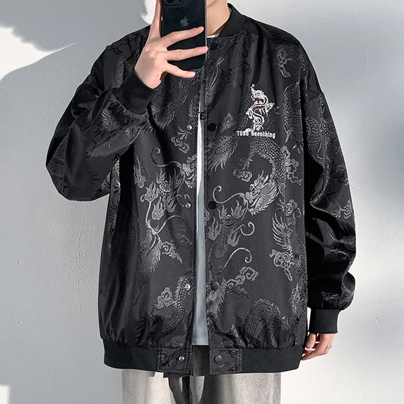 

Chinese style dragon luxury embroidered jacket men's 2024 spring new large loose stand up collar baseball jacket M-5XL