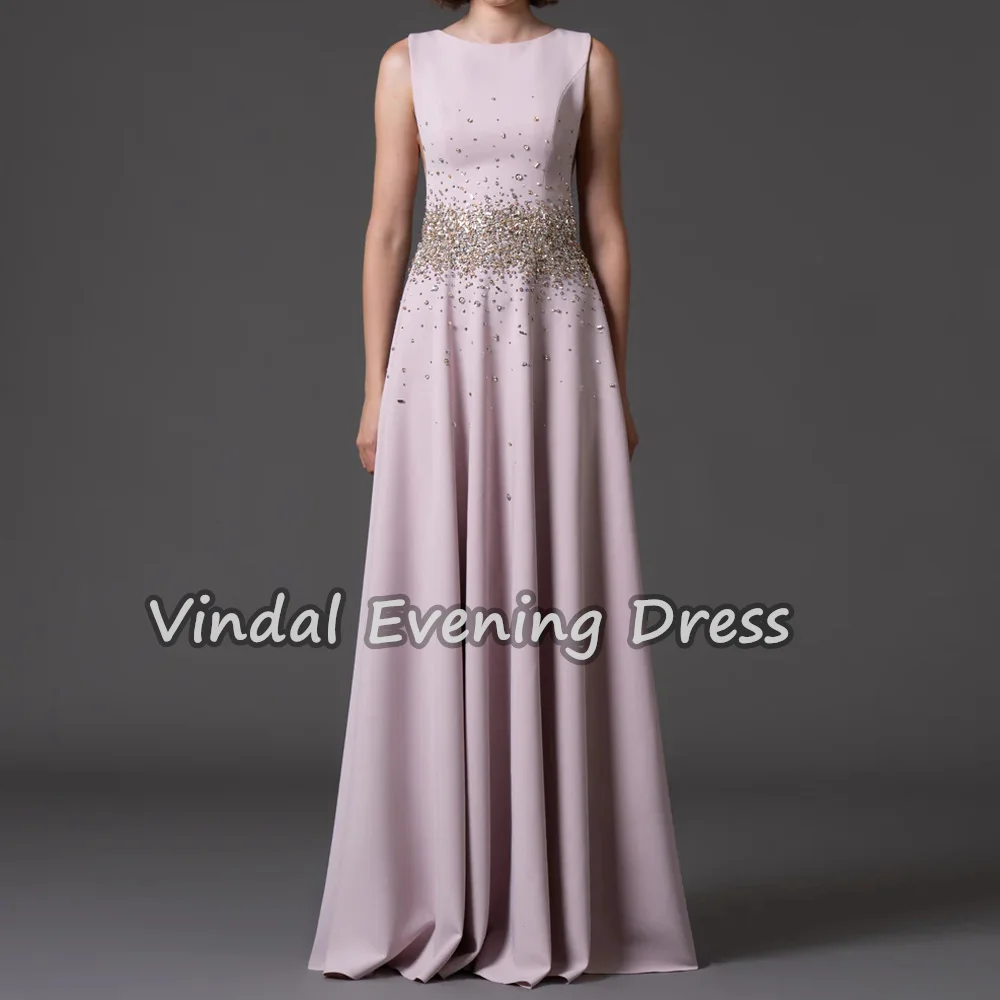 

Vindal Crepe O-neck A-line Draped Floor Length Simple Saudi Evening Dresses For Women 2025 With Sleeveless Beading Party Dress