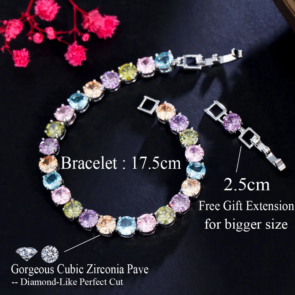 CWWZircons Multicolor Round Cubic Zirconia Pave Silver Color Classic Link Chain Tennis CZ Bracelets for Women Jewelry Gift CB295