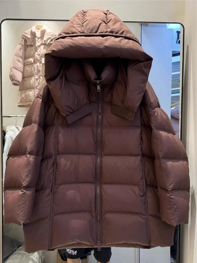 2025 Winter New Down Jacket Women's Medium Long Hooded Loose Fashion Thickened Versatile Solid Duck Down Warm Coat