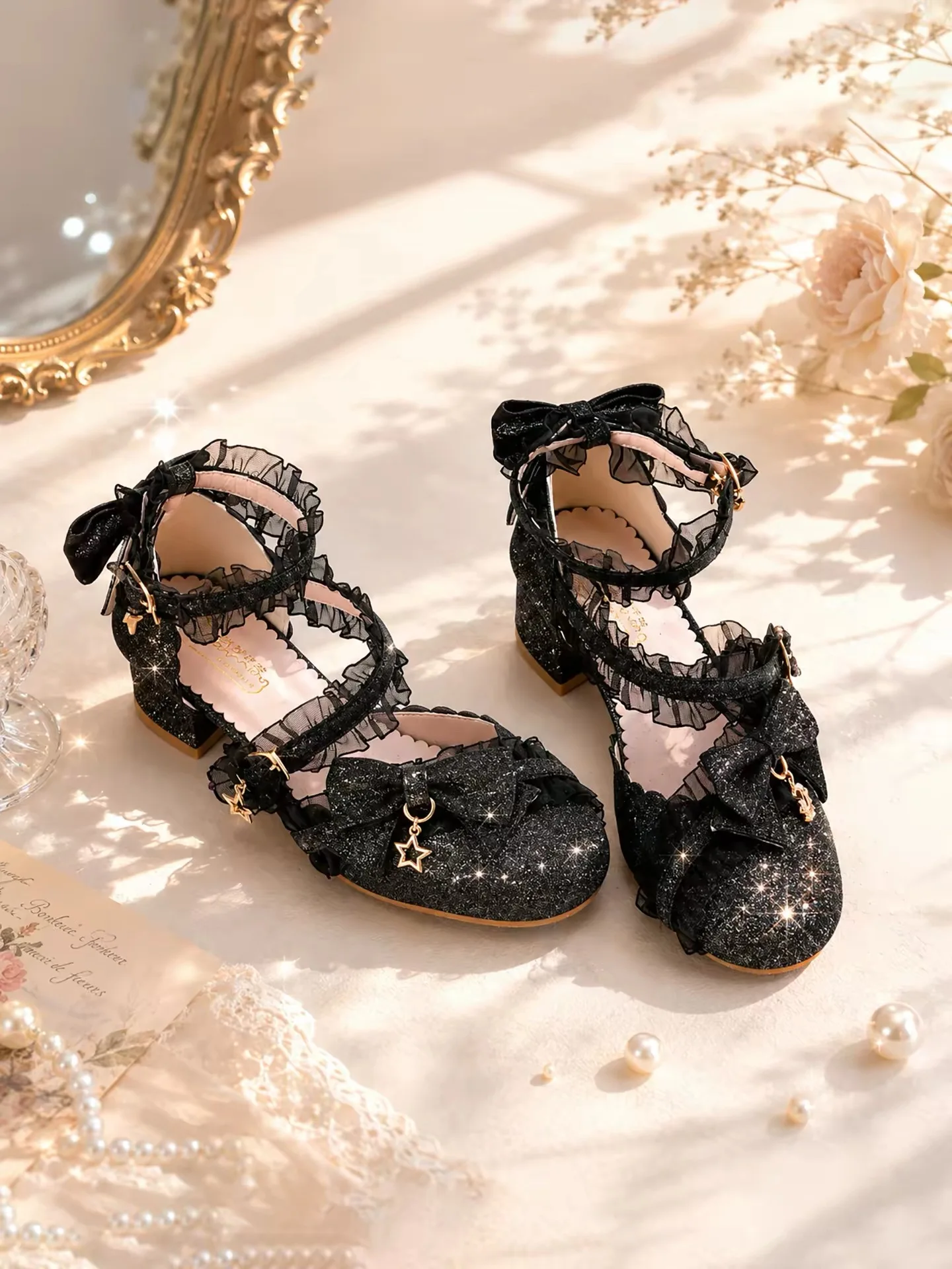 New Women Glitter Lolita Block Heel Sandals Ruffle Lace Bow Star Charm Ankle Strap Round Toe Sweet Cosplay Party Slinge Shoes - view 2