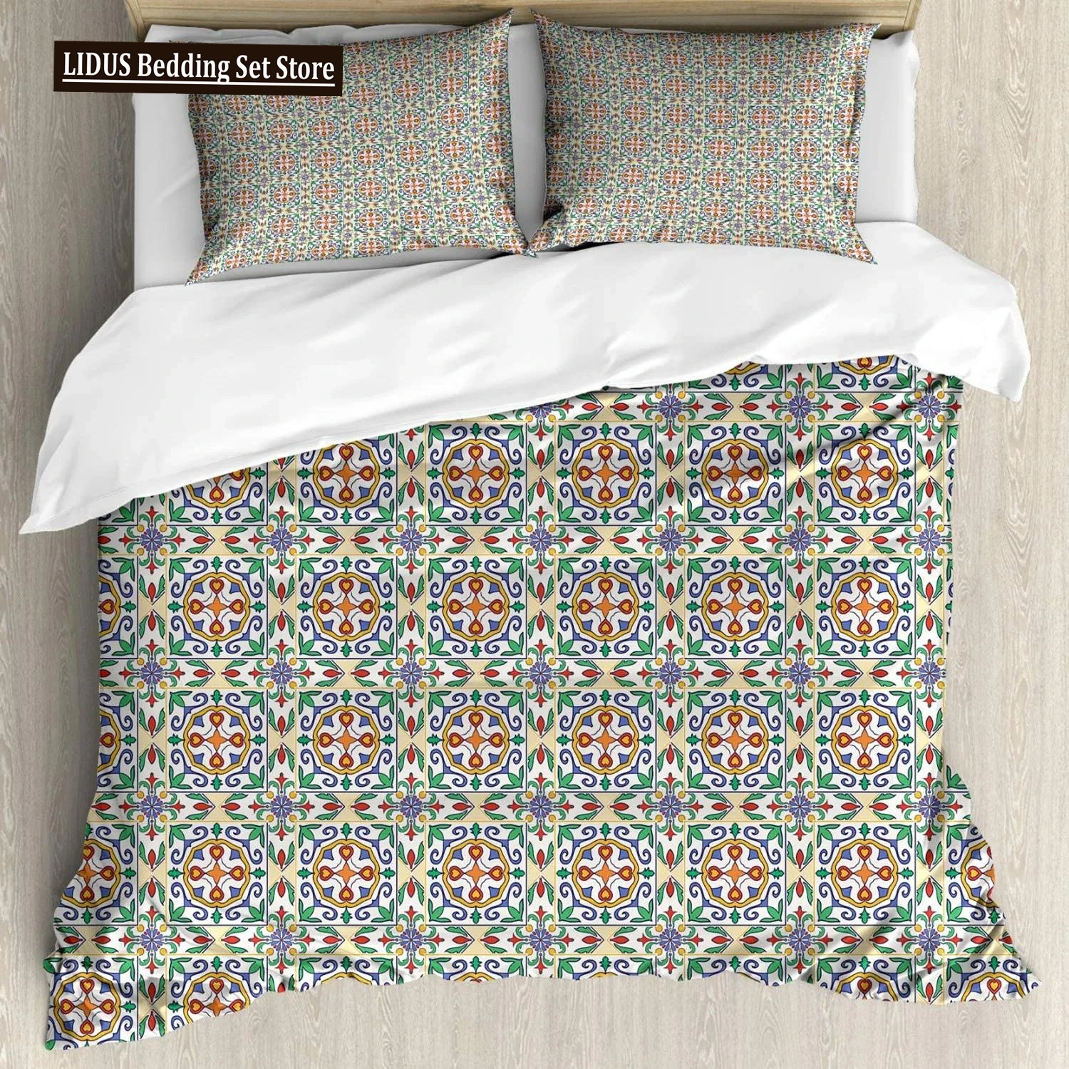 

Geometric Duvet Cover Spanish Culture Inspired Ornamental Symmetric Floral Arrangement Vivid Palette Twin Polyester Qulit Cover