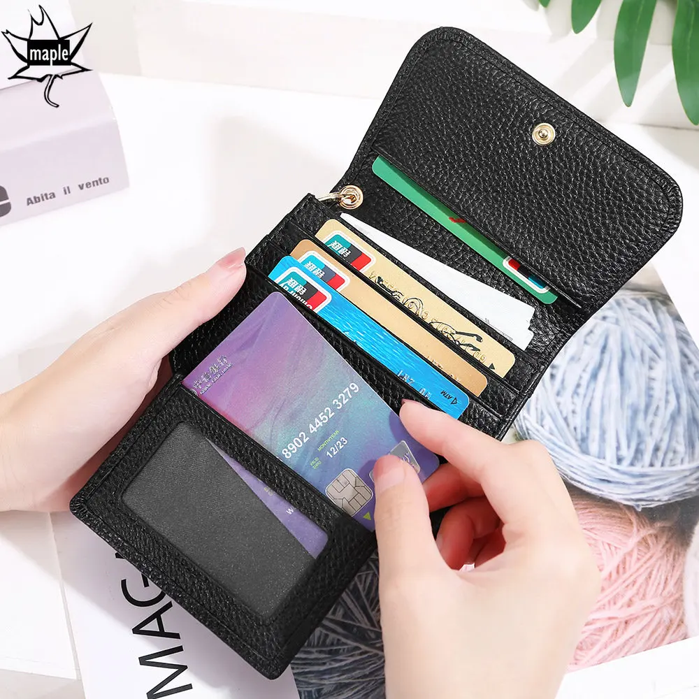 Luxury 100% Cowhide Leather Wallets with Key Ring Lady Small Coin Pocket Rfid Card Holder Mini Money Bag Portable Clutch Pink