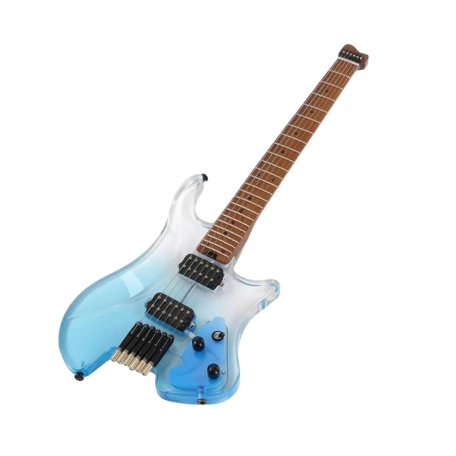 Translucent Blue Electric Guitar Headless Design Acrylic Body Roasted Maple Neck 24 Frets Compact Stage Ready