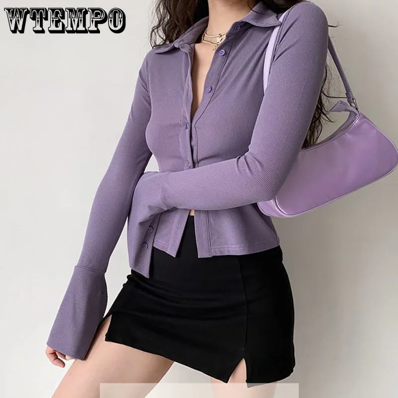 Purple Flare Sleeve Shirt Polo Lapel Women\'s Short Top Slim Sexy Thin Cardigan High Waist Navel Expose Korean Fashion Hottie