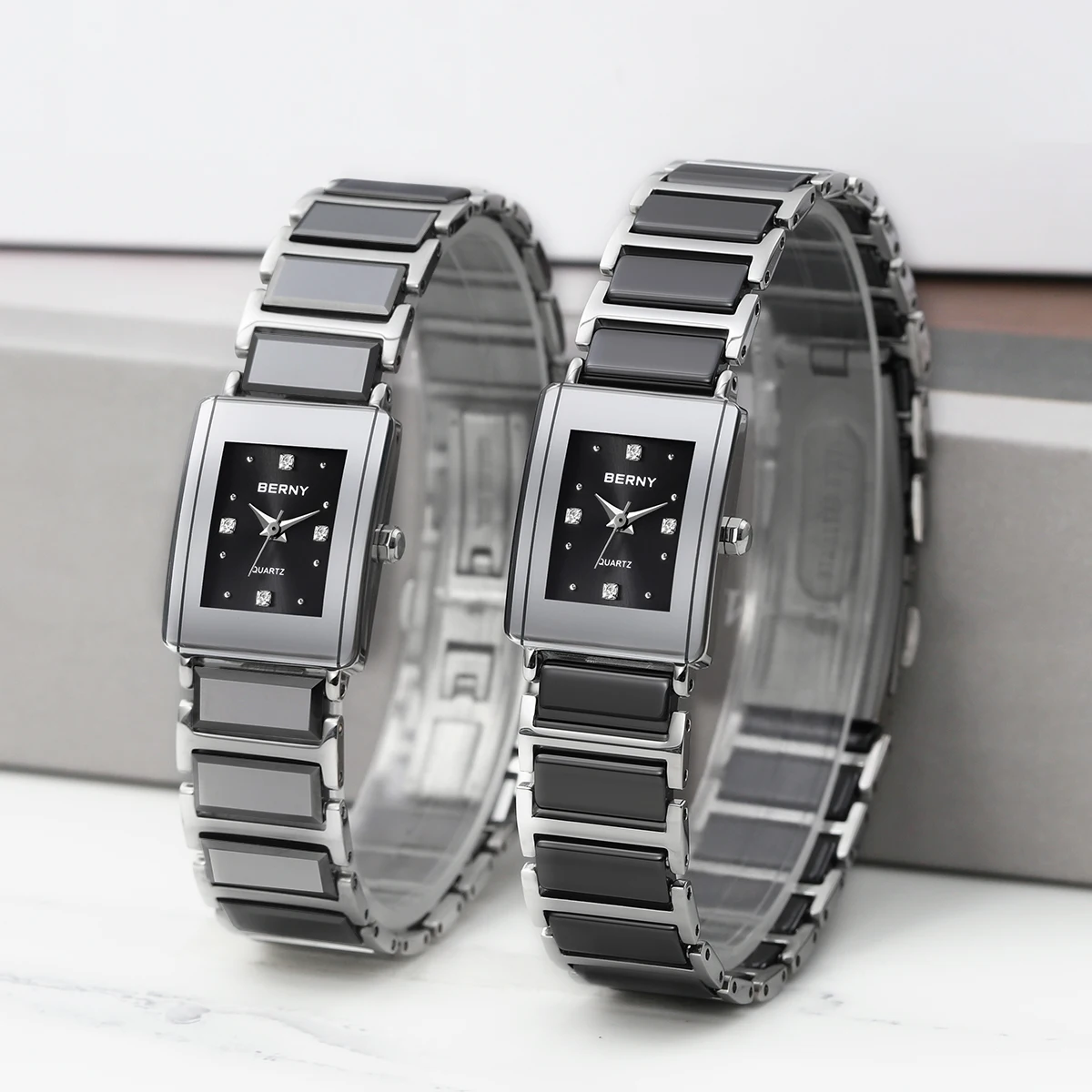 BERNY Women's Watch Fashion Casual Ceramics Quartz Watches Diamond Rectangle Vintage-Style Couple Wristwatch