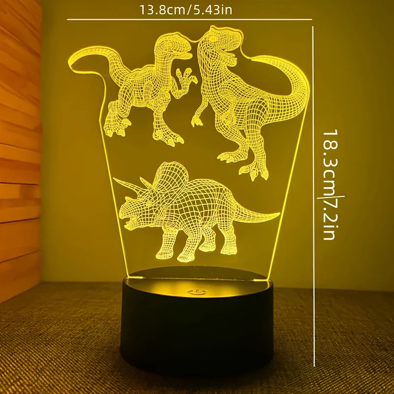 Luz Noturna Criativa 3D Dinossauro, Lâmpada de Mesa USB com Botão de Toque, Ilumine o Seu Quarto, Lâmpadas 3D, Decoração Visual Ilusão