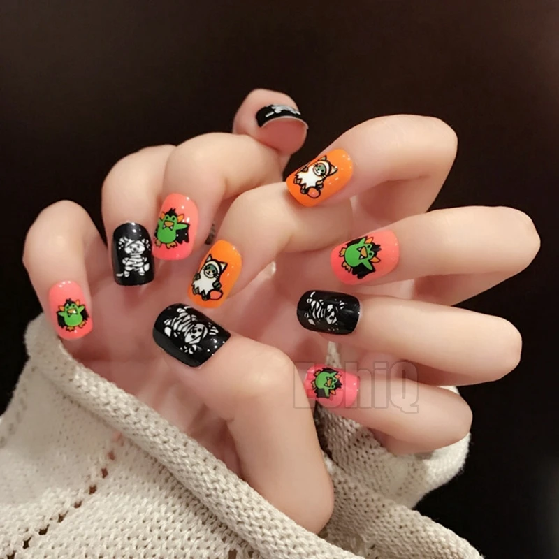 Bright Jump Color Cute Cartoon Pattern Fake Nail Pink Orange Yellow Purple False Nails Full Cover Tips