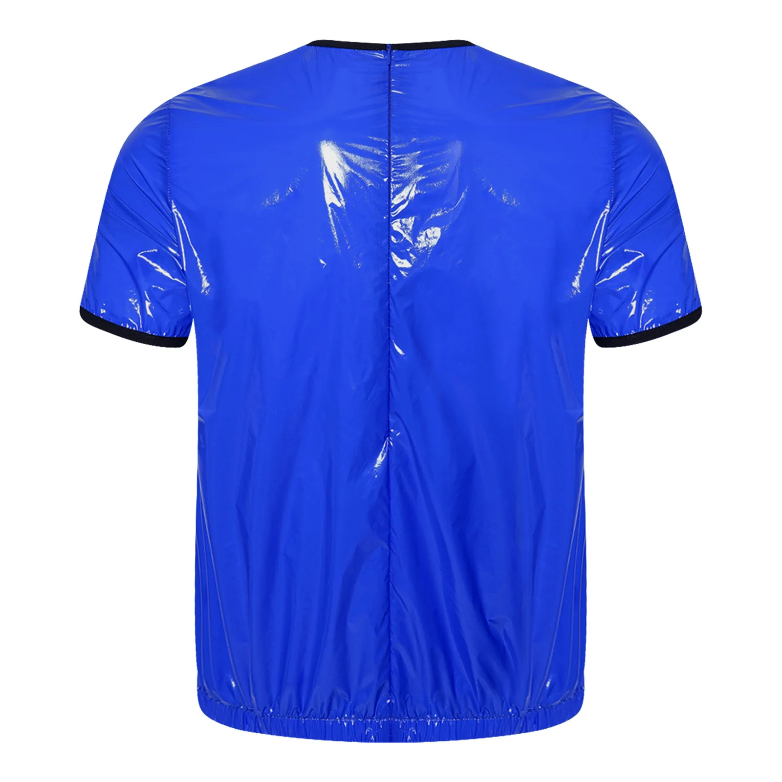 Mens Shiny Waterproof Sweat Training Sauna Top Shiny Metallic PU Short Sleeve Tee Crew Neck T-Shirts Tops Carnival Club Wear