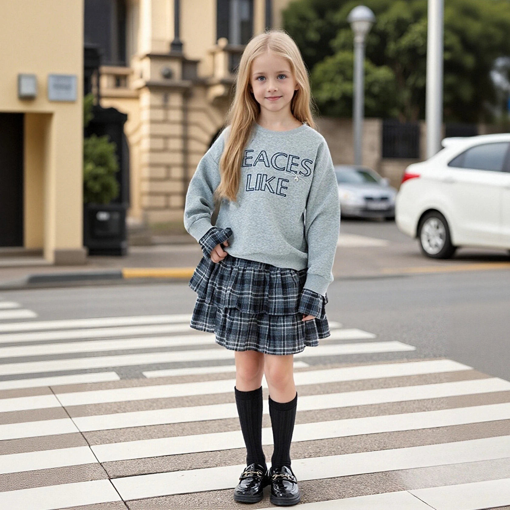 Teen School Girls Outfit Set Letter Print Sweatshirt Plaid Layered Ruffle Skirt 2 Piece Kids Casual Daily Wear Children Clothes