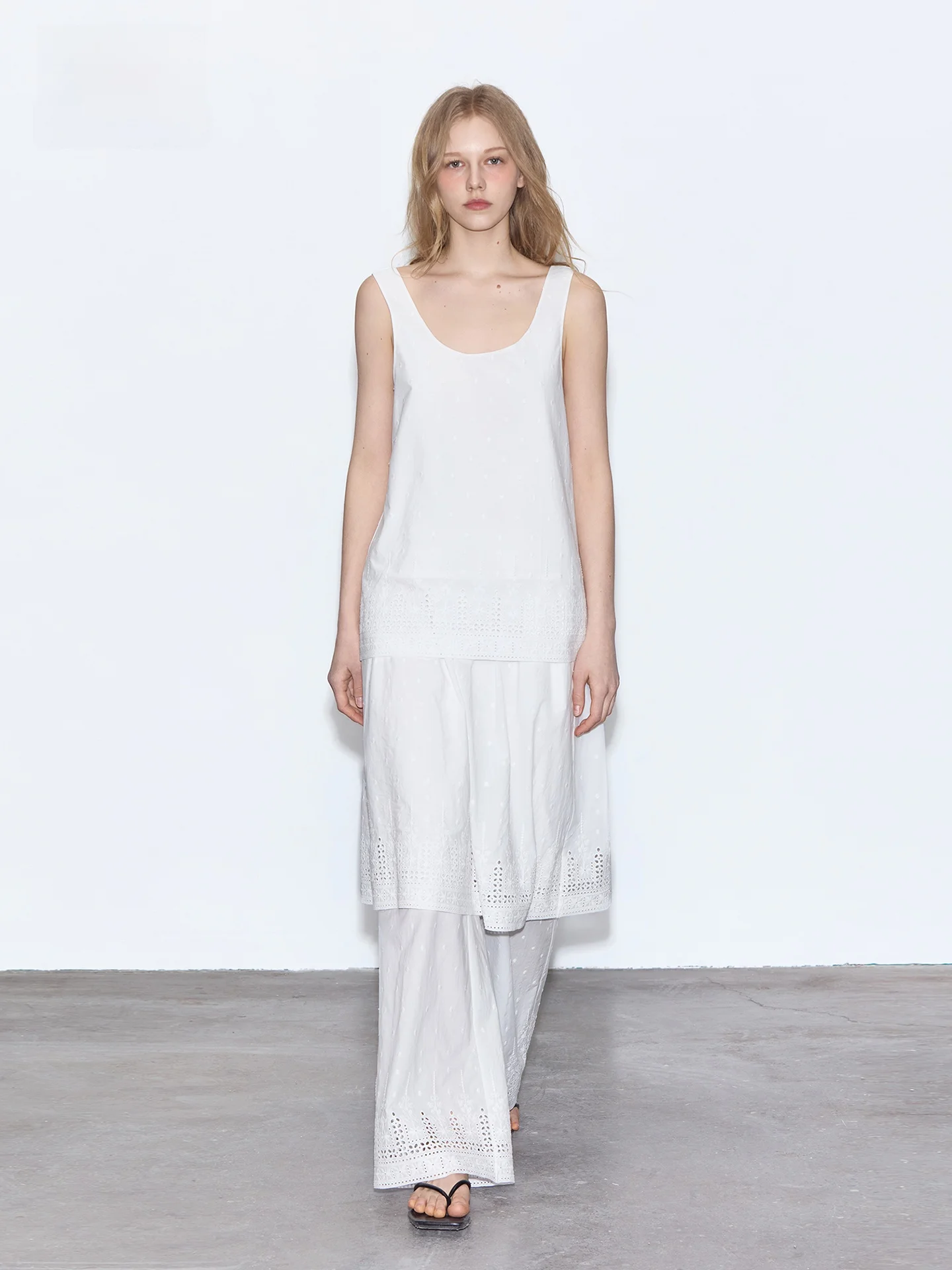 BobbyBecky Cloud White Embroidered Pure Cotton Vest Hollow out Stitched Overlap Wide Leg Skirt Pants Women's Fashion