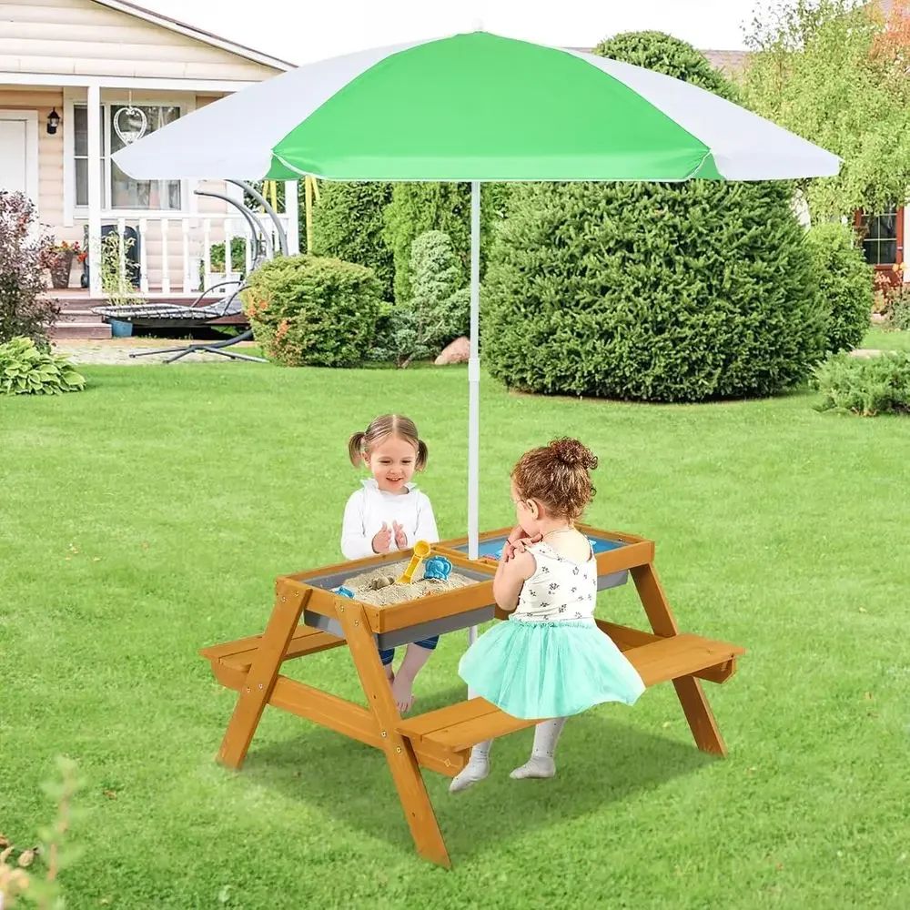 3-in-1 Height-Adjustable Umbrella Kids Picnic Table with Water & Sand Activities, Outdoor Wooden Set for Toddlers, Garden, Yard,