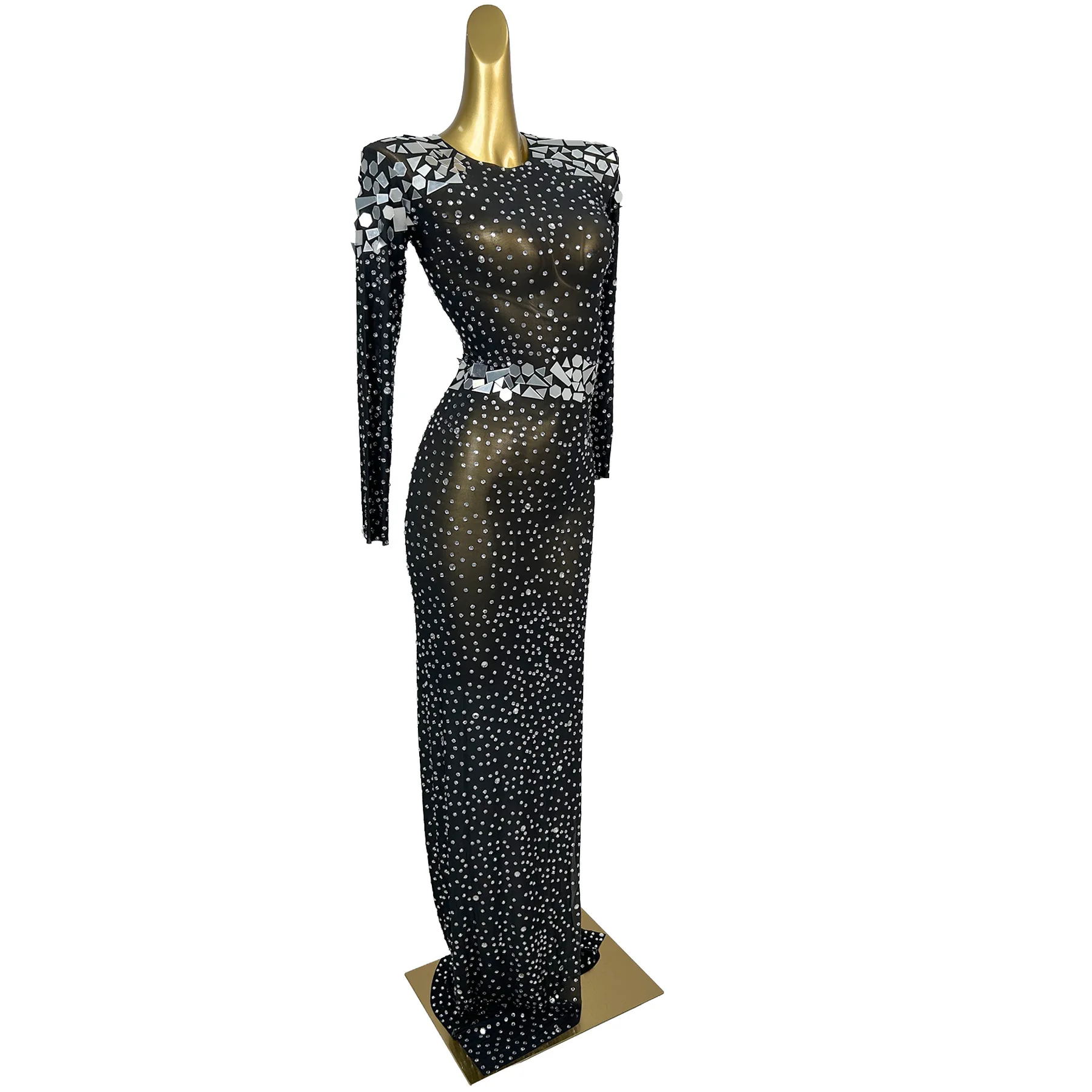 Yaodaijingpian Women Long Sleeve See Through Mesh Rhinestone Mirror Dress Bodycon Stage Performance Costume