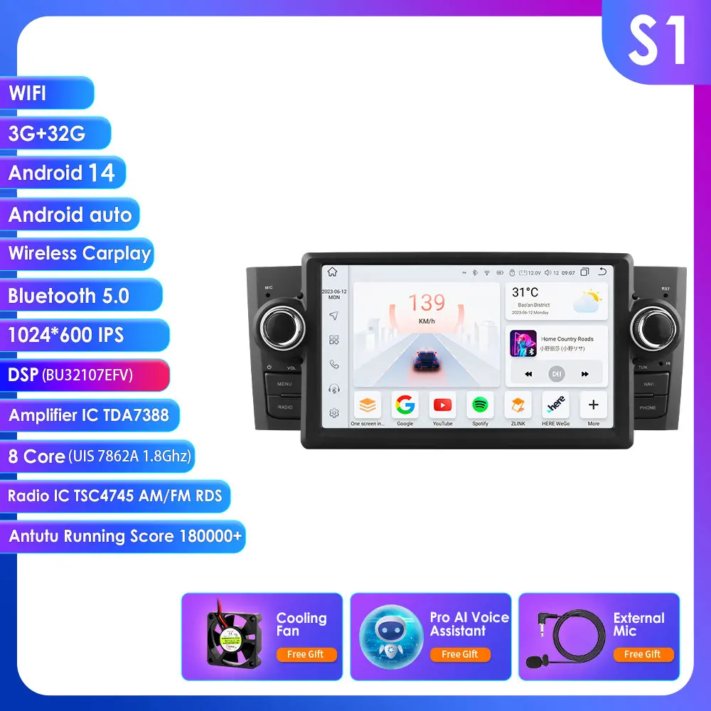 Hizpo 7'' AI Scherm Android Autoradio voor Fiat Punto Linea 2007-2012 Draadloze Carplay Android Auto GPS Stereo Bluetooth Wifi RDS