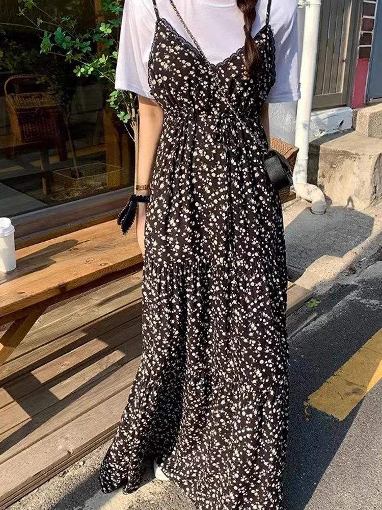 

Chic Floral Lace Trim V-Ne Long Dr Women's Strapl Gown Korean Sle High Waist A-Line Skirt Spring Summer Autumn