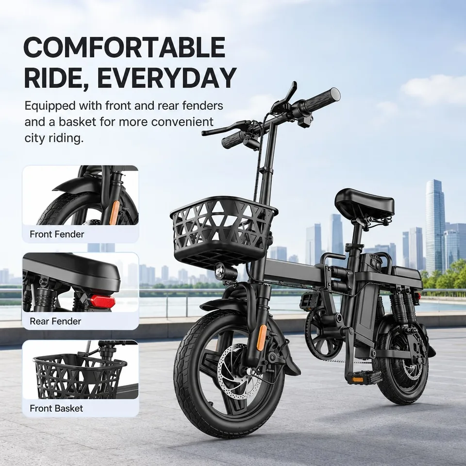 Folding Electric Bike 14" 48V 15Ah, 60km Range 43km/h Commuter E-bike, Dual Disc Brakes 150kg Load Portable Bicycle with Front Basket image 4