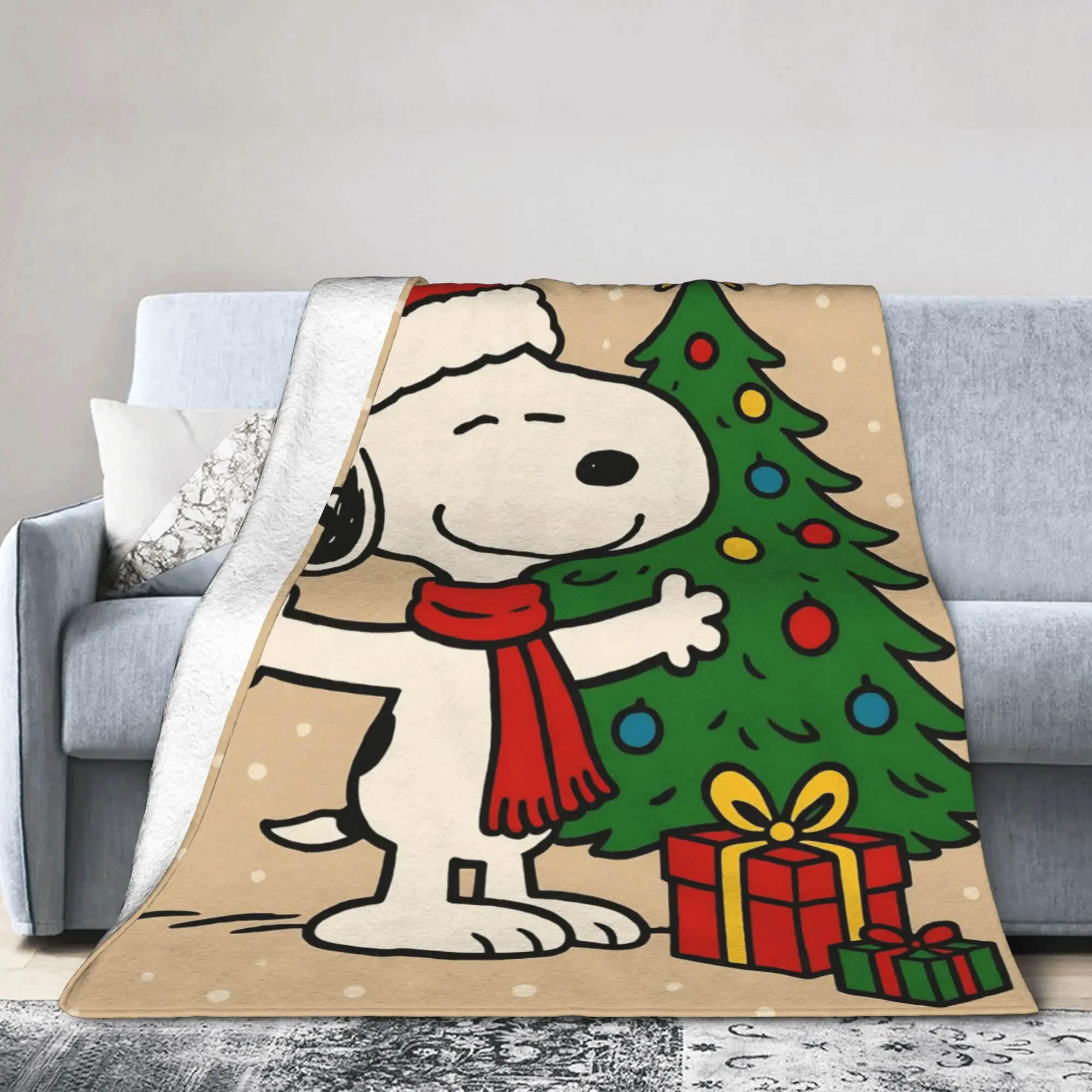 S-Snoopys Xmas Christmas Tree Knitted Blanket Flannel  Super Warm Throw Blanket for Outdoor Travel Bedspread