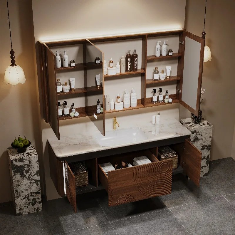 Bespoke French Vintage Solid Wood Floating Double Sink Bathroom Vanity With Natural Marble Top Smart LED Mirror Cabinet