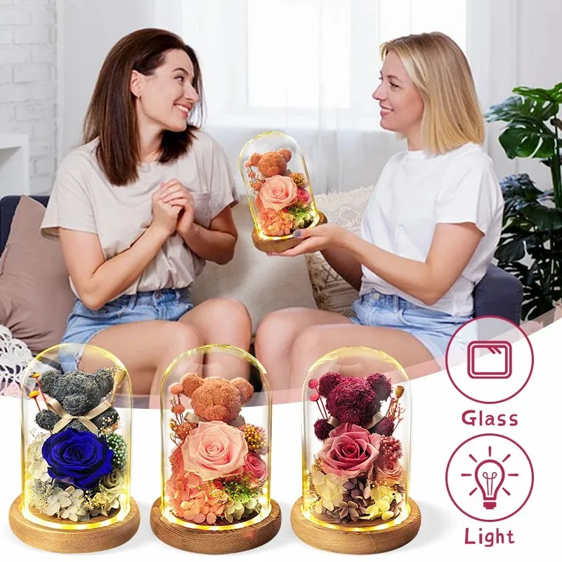 

F2 LED Preserved Roses in Glass Dome Eternal Natural Flowers Forever Love Wedding Favor For Woman Mother Valentine Day Gift Bear