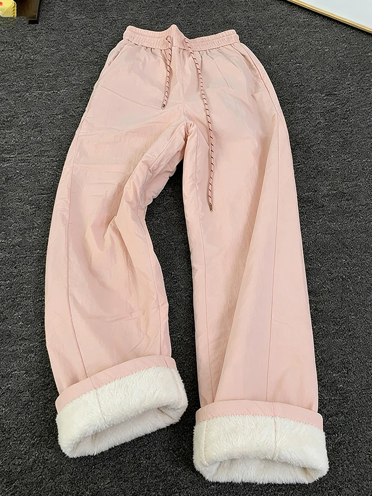 Thickened Lamb Velvet Cotton Pants for Men Winter Anti-Cold Snow Skiing Trousers Pink Color Warmth Windproof Straight Leg Jeans
