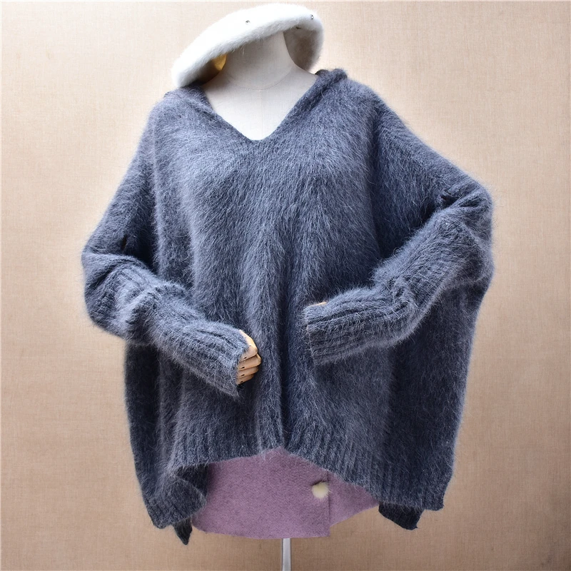 

Тяжелый толстый женский модный серый пуловер с капюшоном из волосатой норки и кашемира с длинными рукавами Lazy Oaf, свободный пуловер, свитер, джемпер, топ