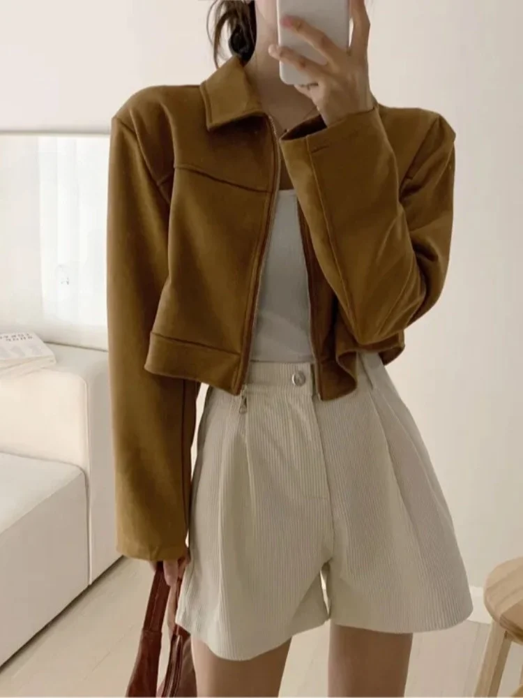 Jaqueta Fena Estilo Coreano Curta com Gola, Design Slimming Preto, Estilo Vintage de Hong Kong, Cardigan Aberto