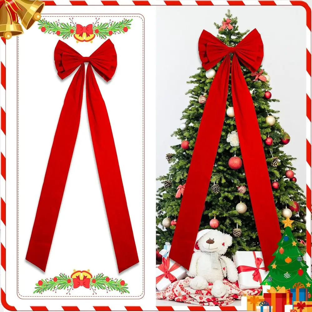 فيونكة مخملية حمراء عملاقة مع أشرطة طويلة - قطعة علوية لشجرة عيد الميلاد مقاس 71 × 24 بوصة وديكور إكليل للمنزل والخارج والحفلات