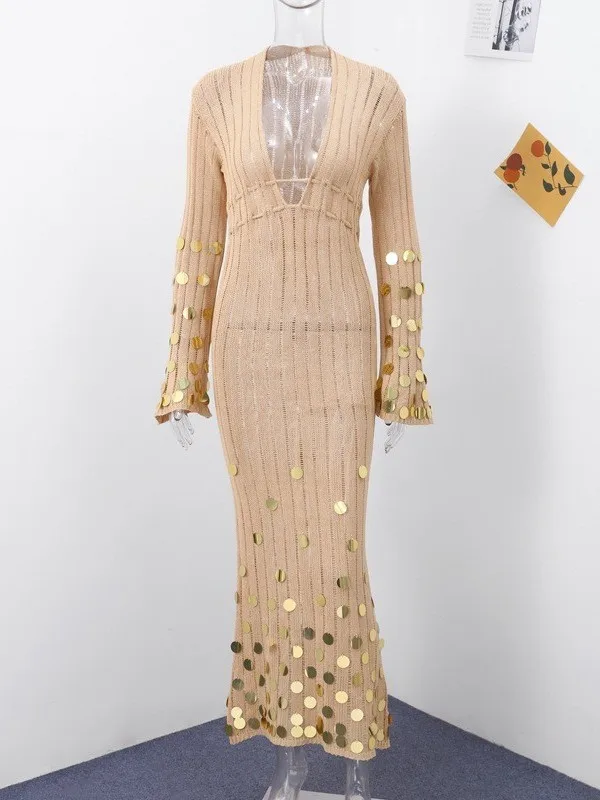 반짝이는 스팽글 딥 V넥 벨티드 니트 롱 드레스 봄 가을 시스루 우아한 여성스러운 스타일 하이웨이스트 롱 드레스