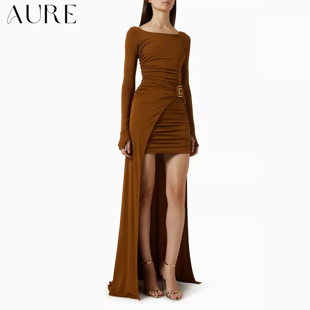 Aure Customized Boat Neck Evening Dress Long Sleeve Backless Ruched Waist High Low Hem Formal Wedding Party Guest Gown For Women