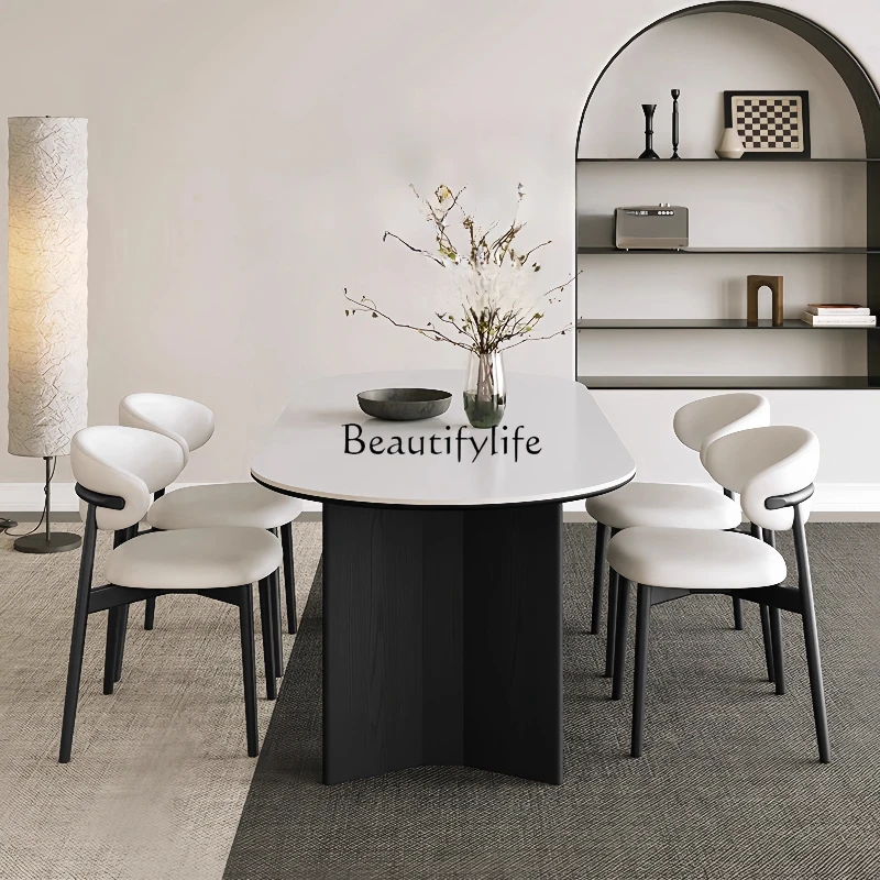 2Solid wood rock slab dining table oval pure white cream style household dining table and chair combination