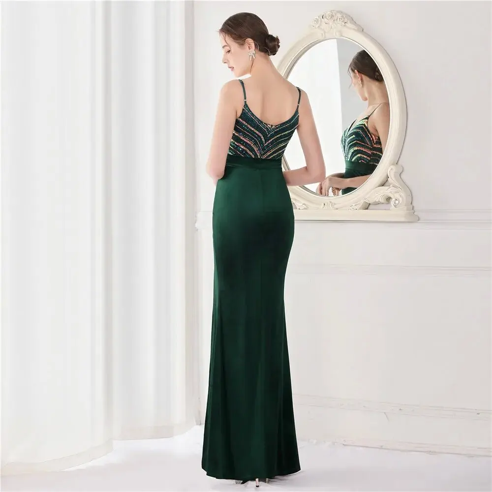 Green Long Mermaid Dress Evening Stretch Velour Sequins Floor Length Backless Charming Wedding Party Women Formal Gowns In