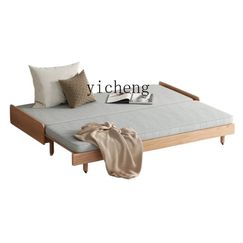 ZF Solid Wood Sofa Bed Small Apartment Bed with Rollers Foldable Dual-Purpose Tatami Solid Wood Bed