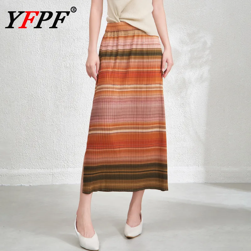 

YFPF Printing Design Women Skirt Miyake Pleated Contrast Color High Waist A Line Long Skirts Elegant 2025 Female New Clothing