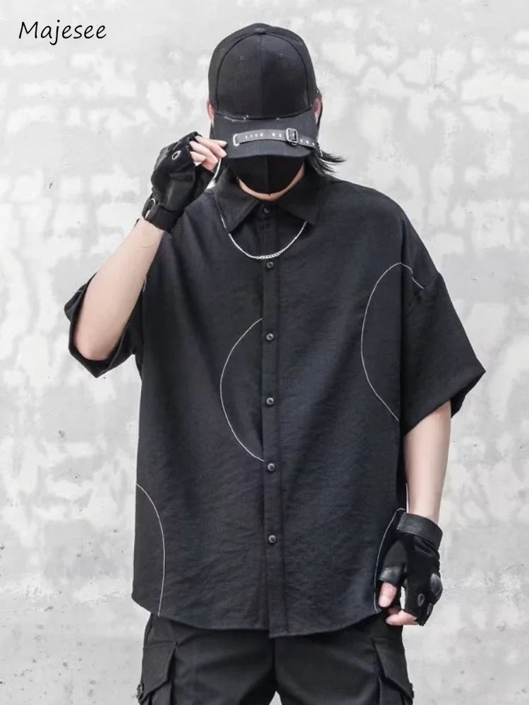 

Men Shirts Summer Line Decoration Simple Harajuku Teenagers Popular Streetwear Japanese Style Handsome All-match Baggy Workout