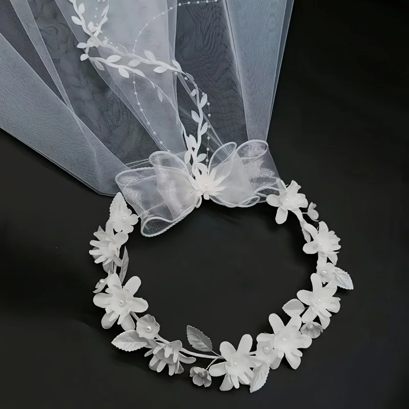1pc Exquisite White Transparent Bridal Garland Veil with Flower Vines, Imitation Pearl Decor, Elegant Headwear for Wedding, Brid image 3