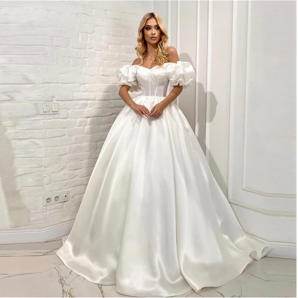 

Silk Satin A-Line Wedding Dresess Off the Shoulder Puff Sleeves Bones Princess Wedding Bride Gowns 2022