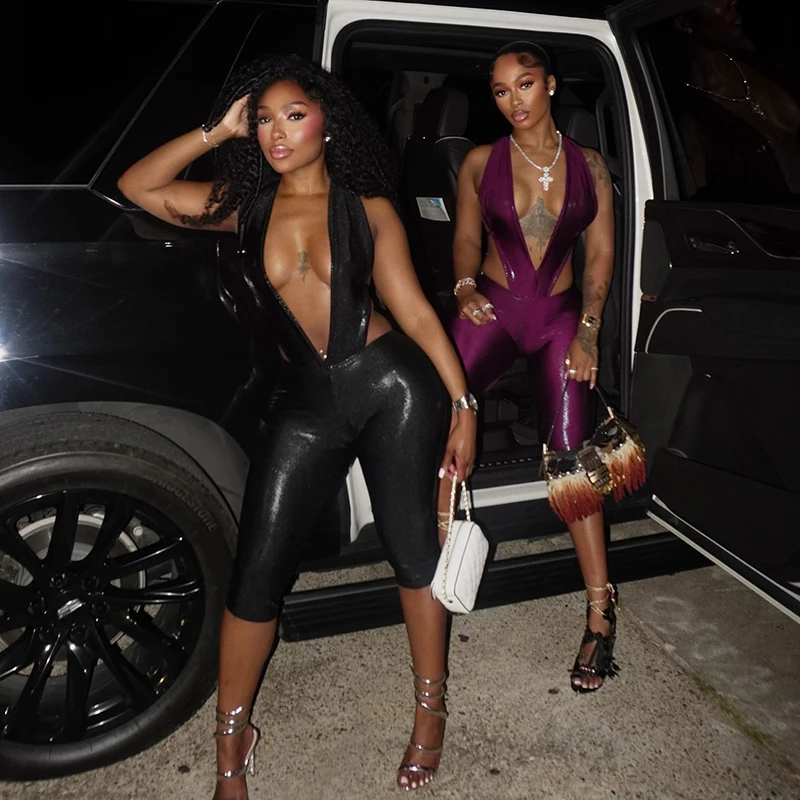 

Сексуальный женский комплект из 2 предметов, шелковистый полый сексуальный боди без рукавов с открытой спиной + велосипедные шорты, одинаковая клубная одежда в полночь