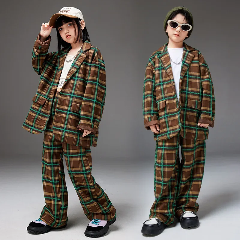 Street Dance Costumes for Kids Children Plaid Hip Hop Suit Blazer Jacket Baggy Pants Modern Kpop Outfits Boys Girls Stage Sets