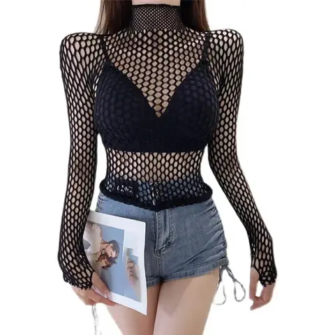 Womens Sexy Mesh Long Sleeve Fishnets Tops Fun Fashion Slim Fit Tops  Hollow Out See Through Loose Female T-shirts Crop soft Top