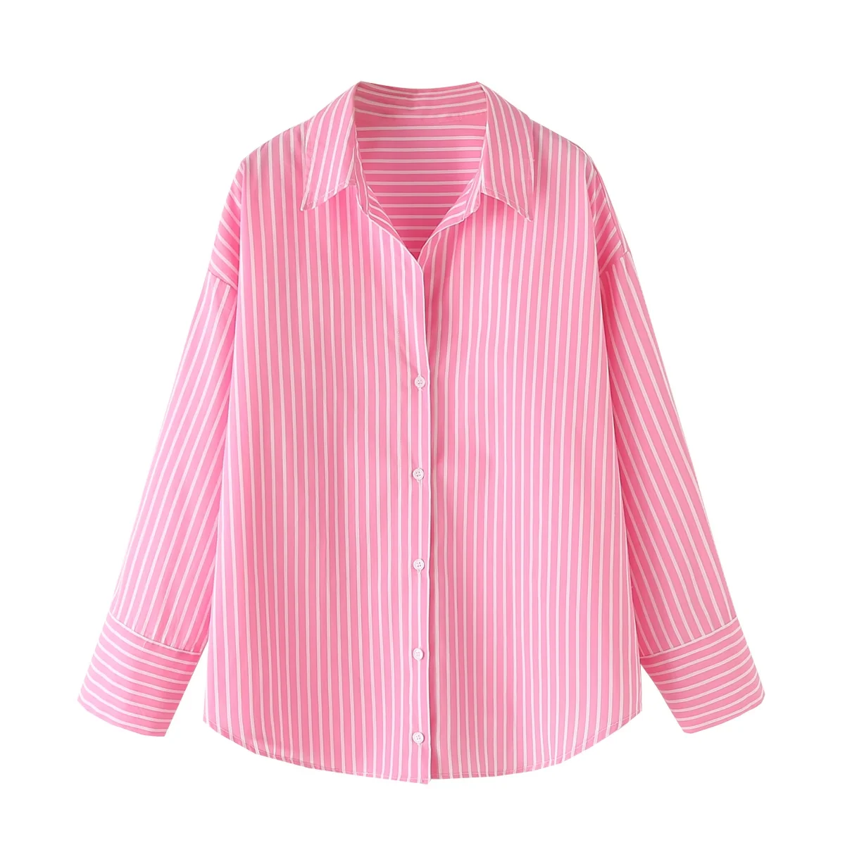 Tangada 2024 Women Pink Striped Cotton Blouse Shirt Long Sleeve Chic Female Loose Tops 6L023