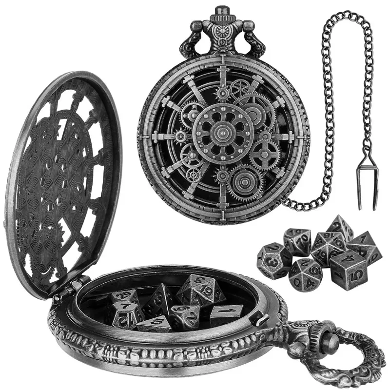 Bronze Hollow Gear Pocket Watch Case with FOB Chain 7pcs Tiny Metal Polyhedral Dice Set Role Playing Board Games Accessories
