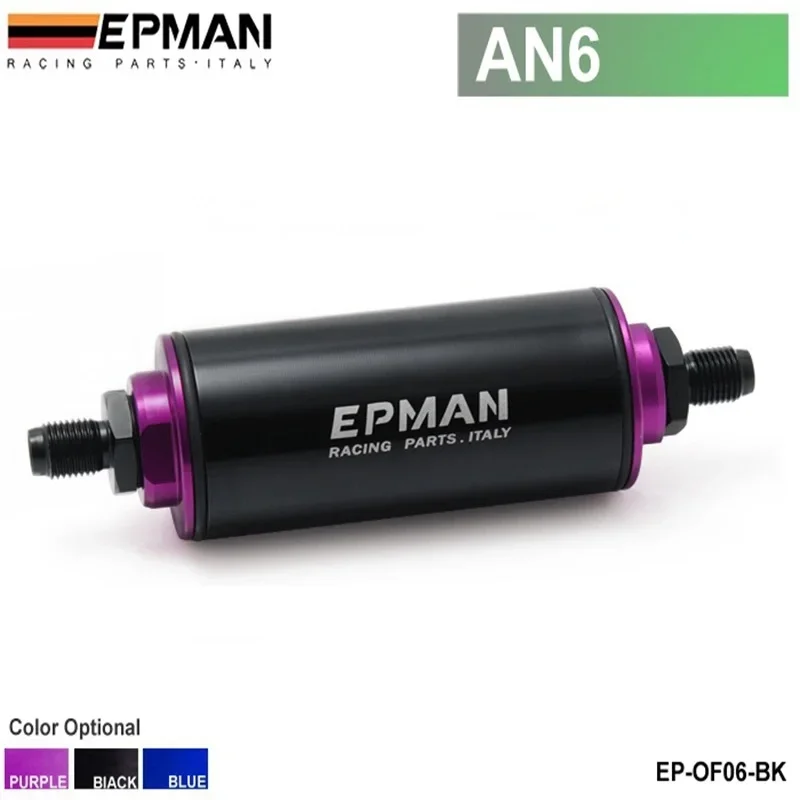 EPMAN Black Racing Ready Inline Aluminum Fuel Filter AN6 With 100 Micron Element Steel SS EP-OF06