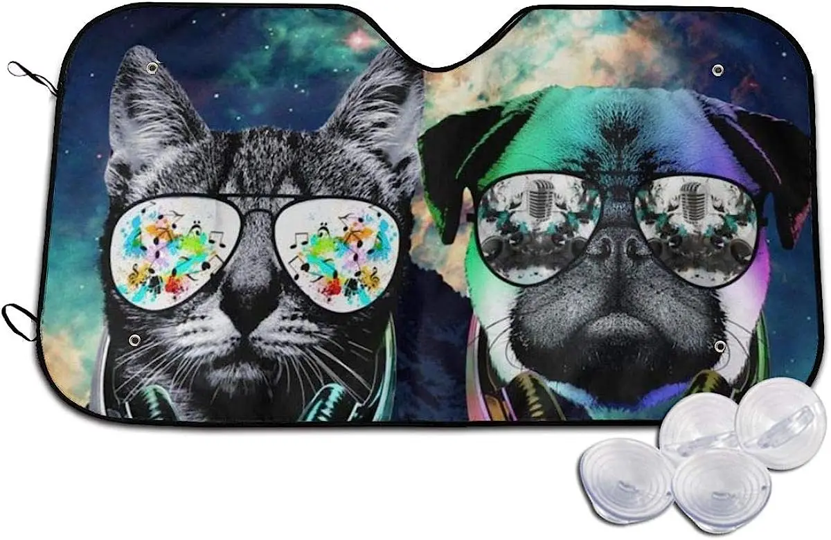 DJ Cat and Pug Dog Front Windshield Sun Shade Car Window Foldable Sunshade Cover UV Rays Sun Visor Protector Keeps Car Cool