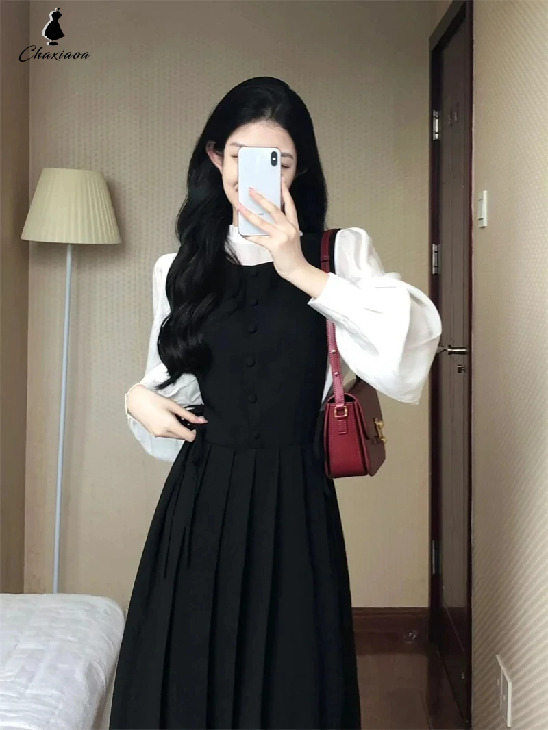 CHAXIAOA French Pleated Waist Strap Long Skirt Dress Two-piece Women\'s Spring Half-high Collar Long-sleeved Shirt Suit