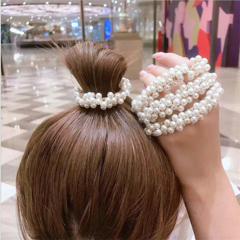 Elegant Lady Rubber Band Rope Pearl Hair Ring Girls Beaded Scrunchies Rubber Bands Ponytail Hair Accessories Elastic Headband