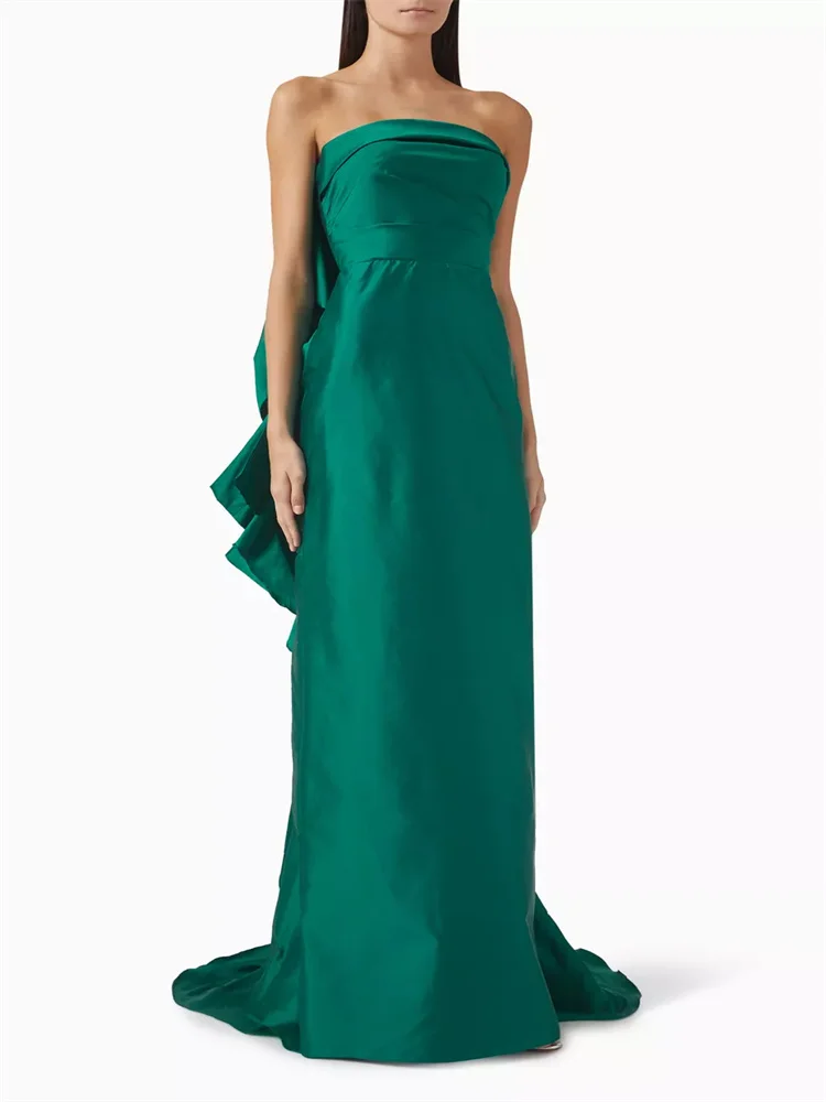 

Customized Strapless Neckline Satin Straight Evening Dress Open Back Ruffled With Bow Floor Length Sweep Train Gown For Women