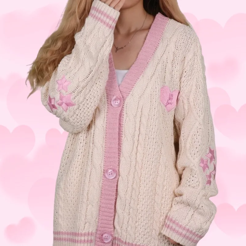 Pink Lover Cardigan Women Autumn Winter Heart Shaped Embroidery Cardigans Female Loose Fit V-neck Knitted Sweater Oversized Tops