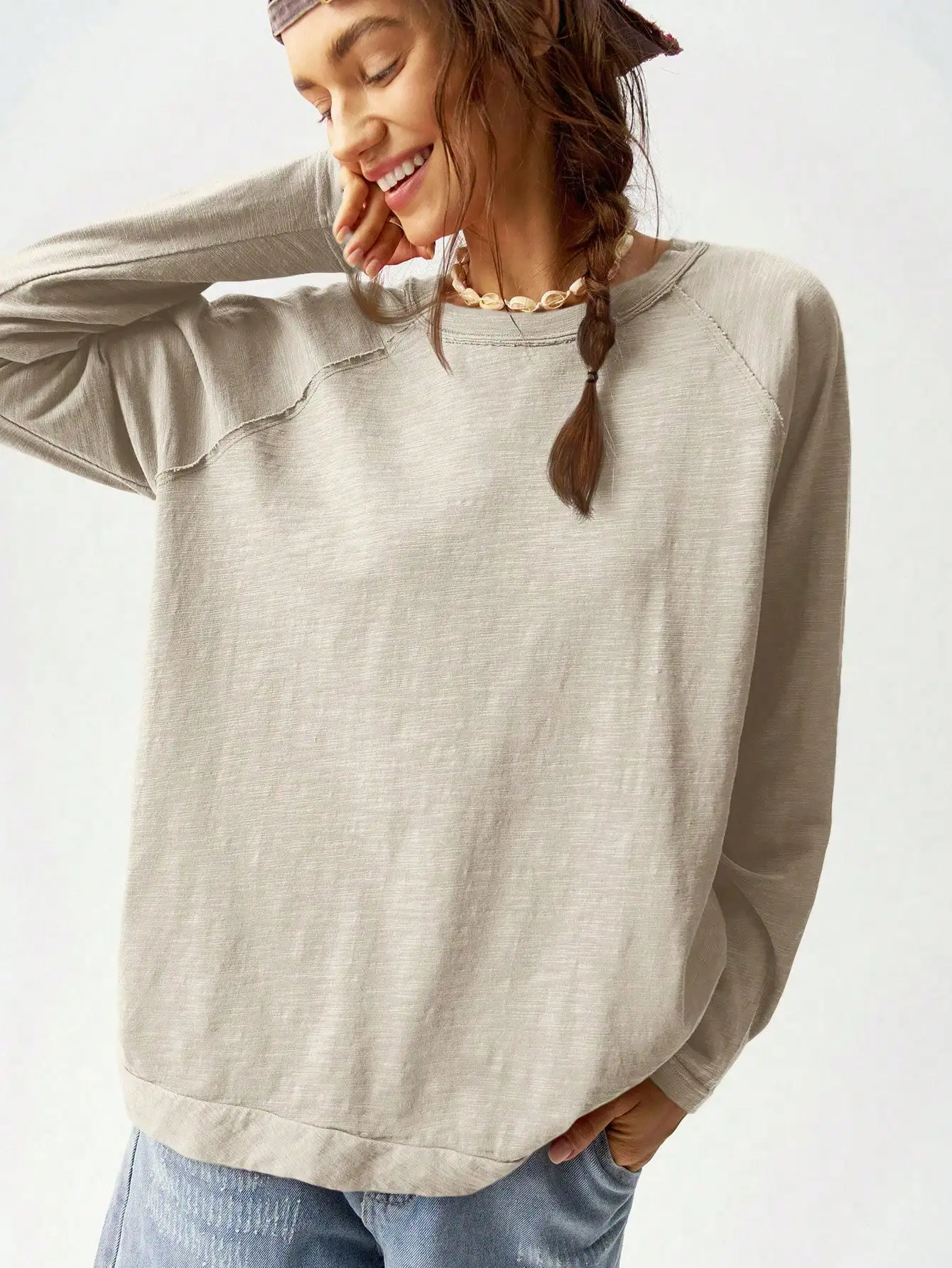 Womens Oversized Raglan Sweatshirt Surfer Girl Coastal Chill Aesthetic Long Sleeve Crewneck Pullover Top Solid Pale Stone Washed Taupe Grey Exposed Reverse Seam Raw Edge Slub Cotton Slouchy Fit For Autumn Winter Vacation Daily Outfits Christmas Gift